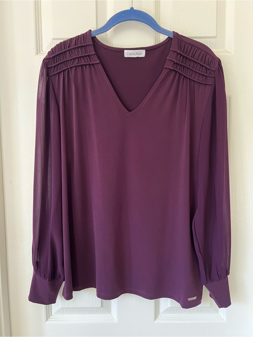 Calvin Klein Deep Plum V-Neck Blouse w/ Sheer Sleeves